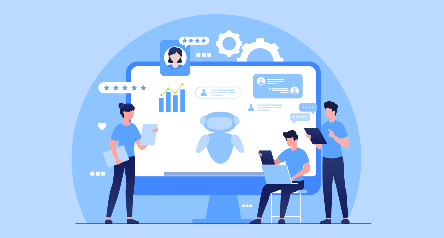 AI at the center with different teams around it analyzing data, collaborating, and using insights to improve alumni engagement and decision-making.