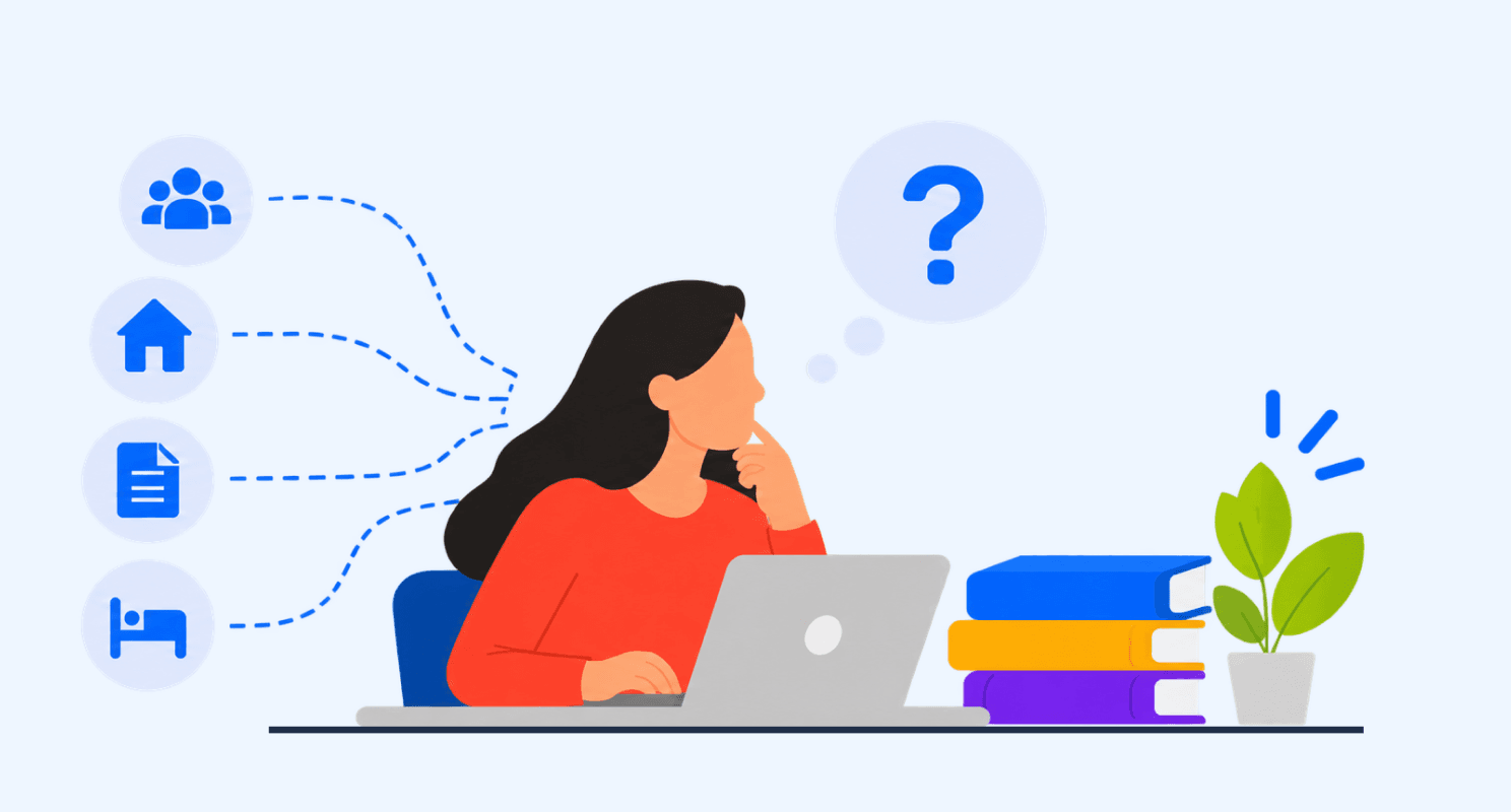 Illustration of a woman at a desk with a laptop, looking thoughtfully at a question mark with icons for people, housing, documents, and beds connecting to her.