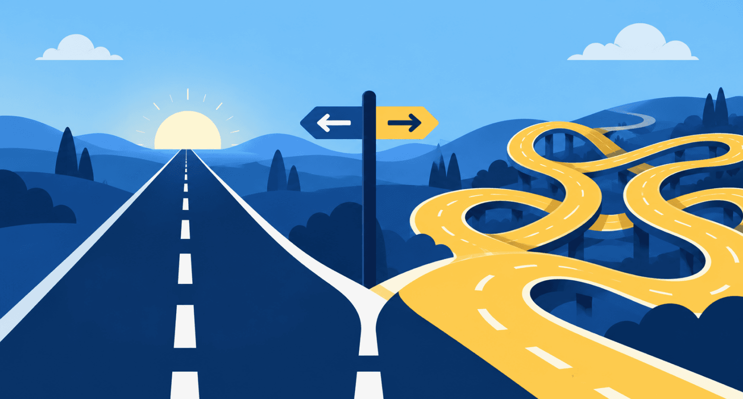 Illustration showing a fork in the road with a signpost pointing left toward a straight road and right toward a winding yellow highway.