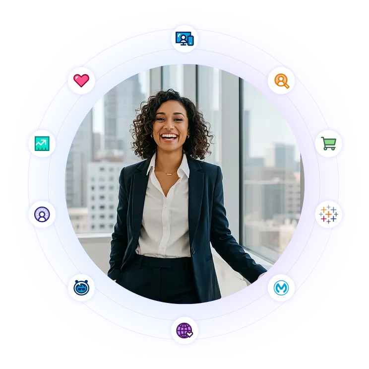 A smiling Salesforce consultant against a city view. The image is overlaid with an upward graph & a pie chart.