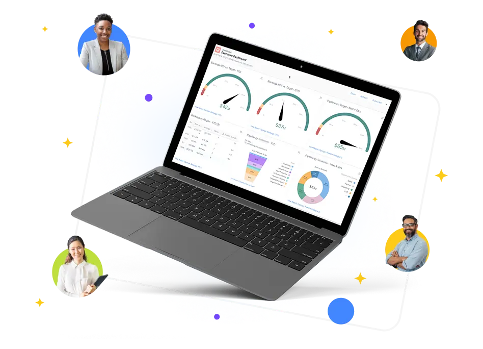 A Salesforce Dashboard on a laptop, surrounded by four diverse professionals representing CUBE84's Consulting Services.
